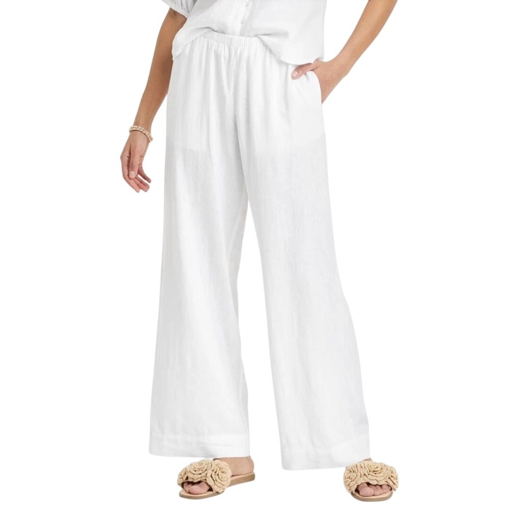 A New Day Women's White Linen Blend Wide Leg Relaxed Pants Size XL Regular